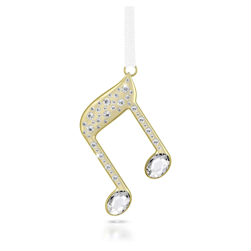 Swarovski Holiday Magic Double Music Note Ornament, Musical Motif with Champagne Gold-Tone Finished Metal, Clear Crystals & White Grosgrain Ribbon, Part of the Swarovski Holiday Magic Collection