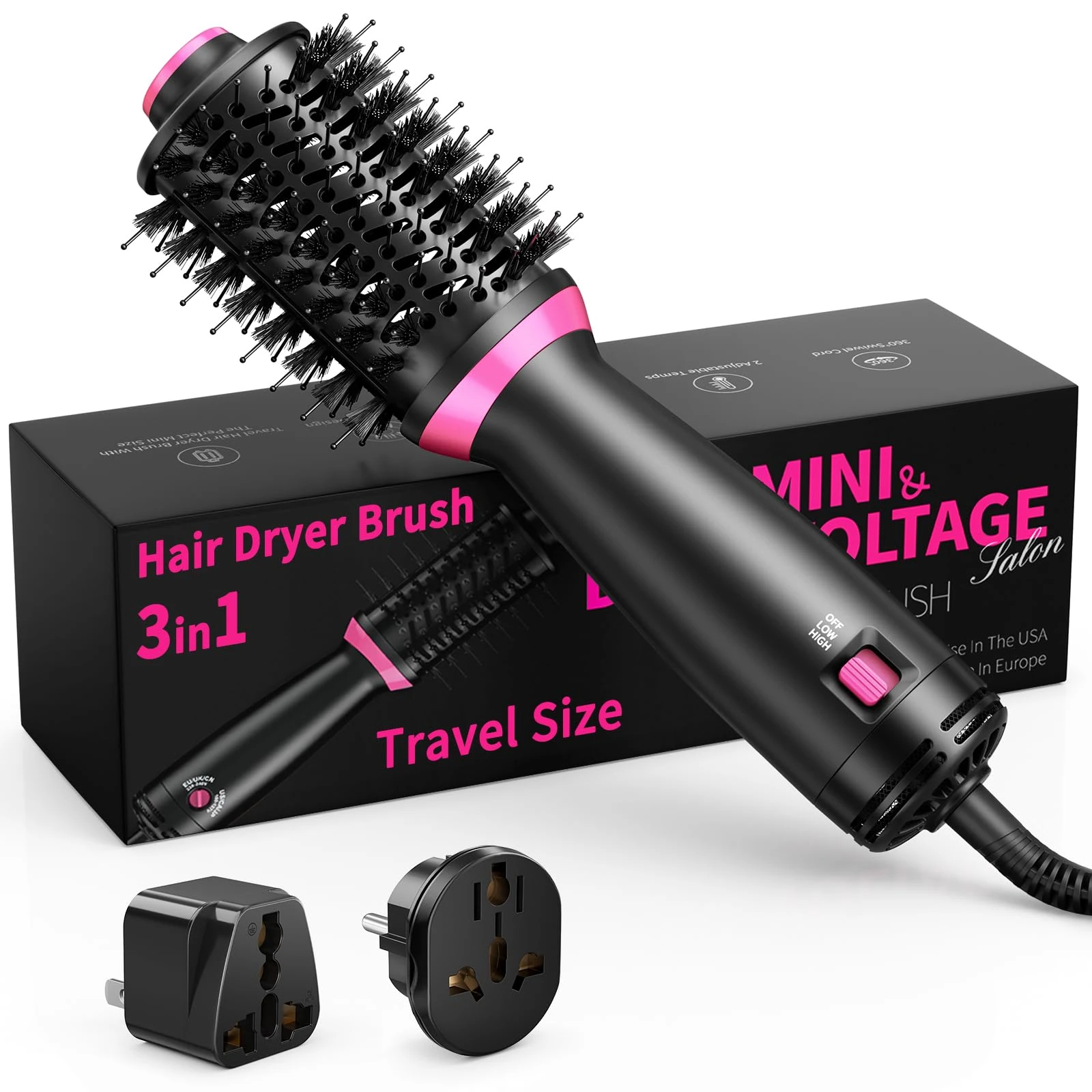 ONEWEST 3in1 Hair Dryer Brush, Dual Voltage One-Step Ionic Hot Air Brush with Negative Ion, 2 Speeds and 2 Adapters,Portable Electric Hair Brush for Styling,Smooth Frizz-Free for Salon Results,UK Plug