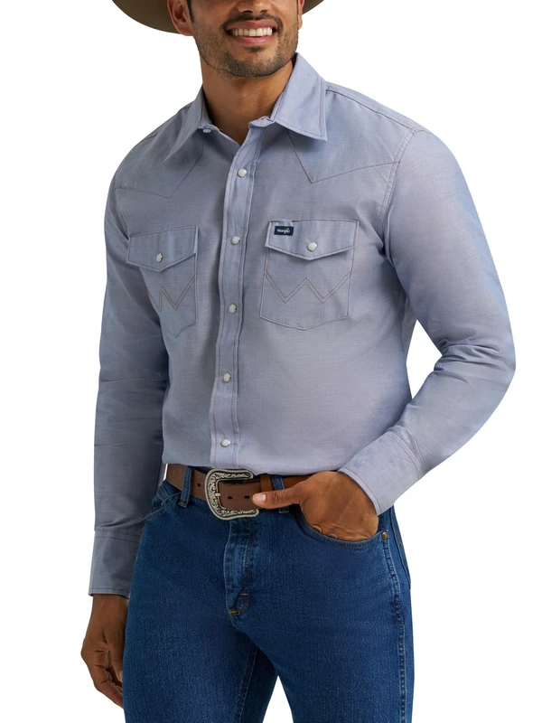 Wrangler Men's Cowboy Cut Western Chambray Snap Long Sleeve Work Shirt, Light Chambray, Medium