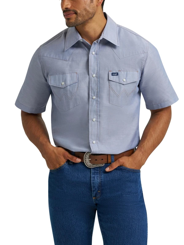 Wrangler Men's Cowboy Cut Western Two Pocket Ss Snap Work Shirt, Chambray Blue, Large