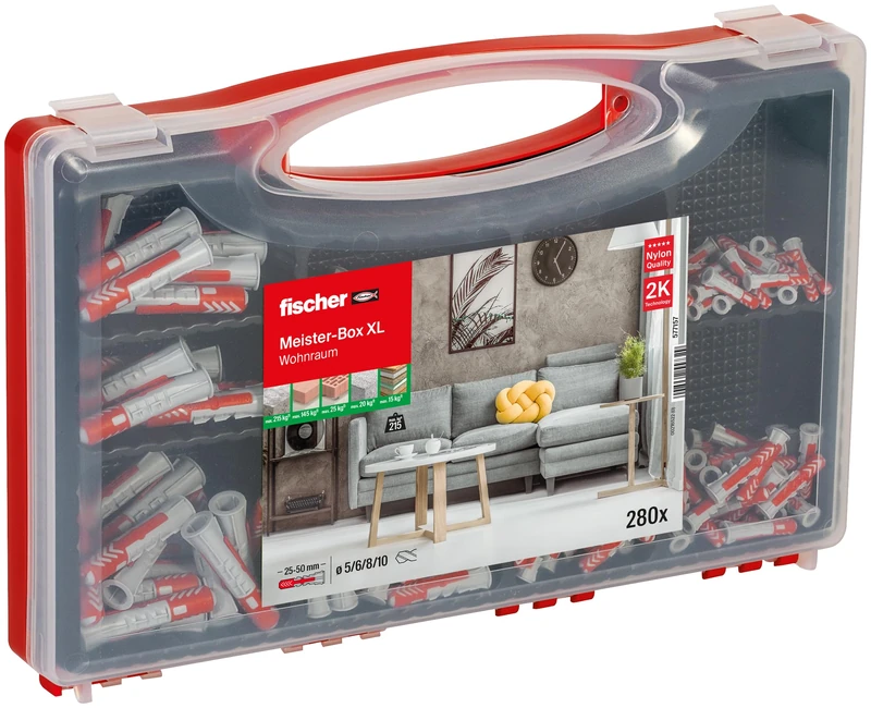 fischer Meister-Box XL Living Space, 280-Piece Dowel Set, 5-10 mm Diameter, for DIY and Professionals, Universal Use - Ideal for Unknown Surfaces Indoors and Outdoors