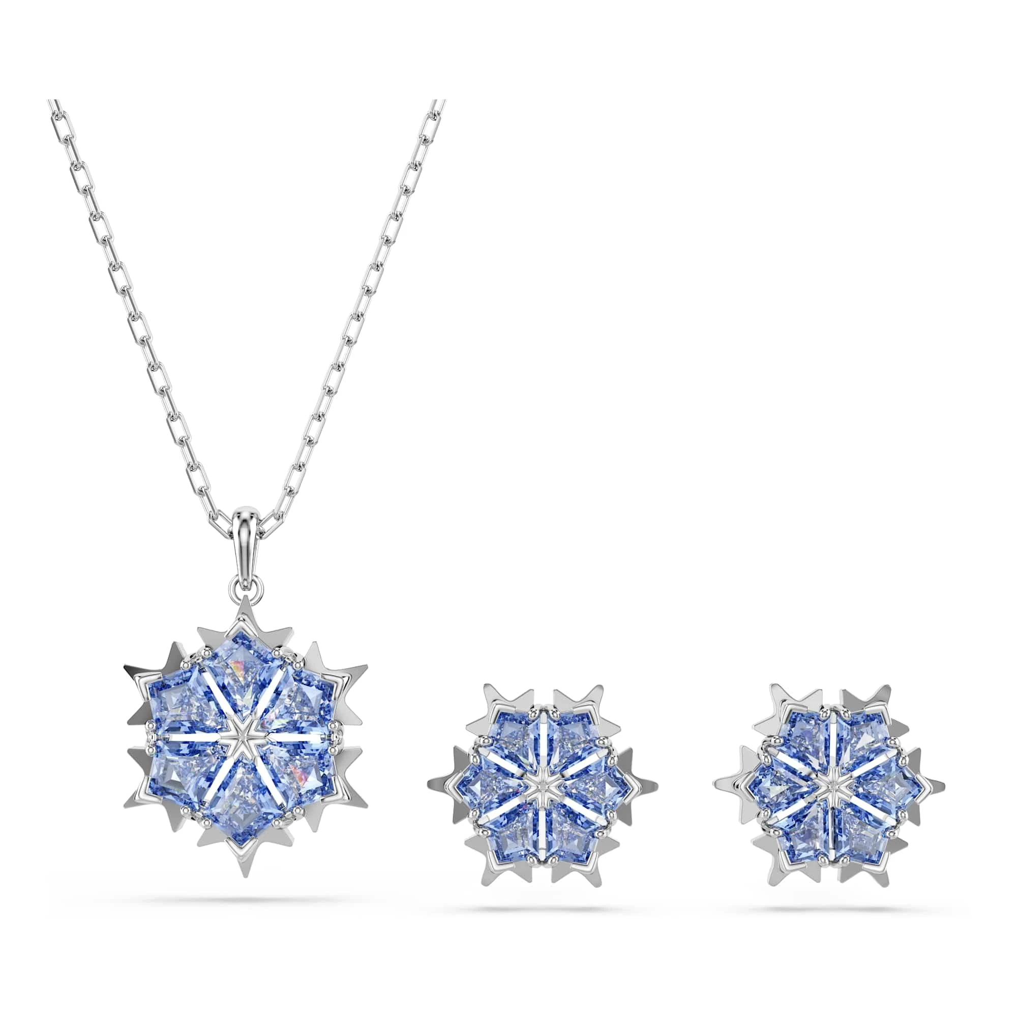 Swarovski Magic Jewellery Set, Pendant Necklace & Stud Earrings Featuring a Snowflake Motif with Blue Kite-Cut Crystals in a Rhodium-Finished Setting, Part of the Magic Collection