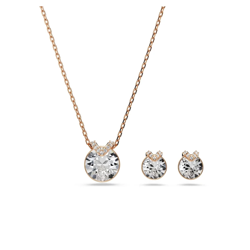 Swarovski Bella Jewellery Set, V Pendant Necklace & Stud Earrings with Clear Round-Cut Crystals in a Rose Gold-Tone Finished Setting, Part of the Bella Collection