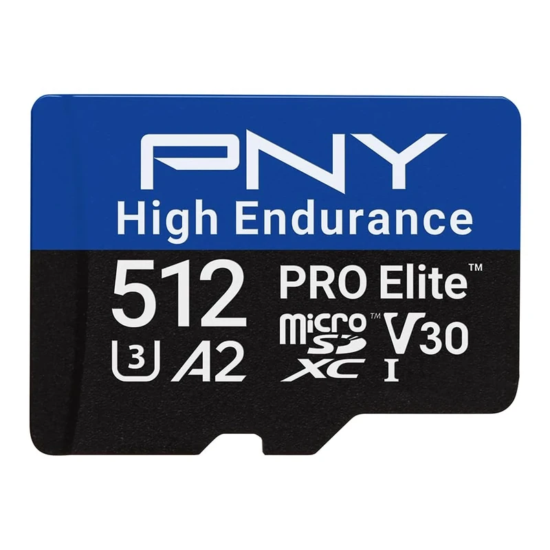 PNY 512GB PRO Elite™ High Endurance C10 U3 V30 A2 microSDXC Flash Memory Card – Up to 100/90MB/s Read/Write, 4K UHD, Full HD, UHS-I, Surveillance, Home Security, Continuous Recording, Dash Cam
