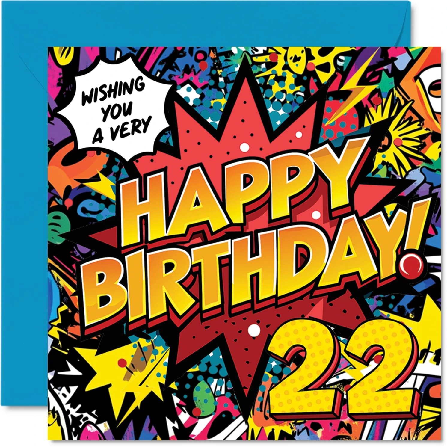 22nd Birthday Cards for Women Men - Comic Book Pow! - Happy Birthday Card for 22 Year Old Woman Man Uncle Colleague Sister Friend, 145mm Bday Greeting Cards