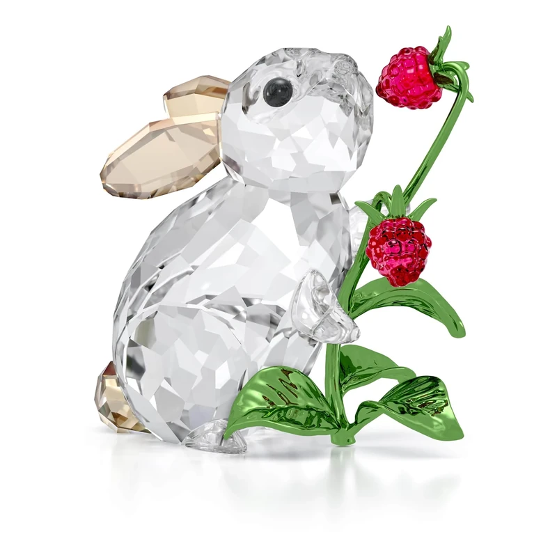 Swarovski Idyllia Rabbit and Raspberries Figurine, Clear Faceted Crystal Rabbit with Multicoloured Crystals and Green-Lacquered Metal Accents, Part of the Idyllia Collection
