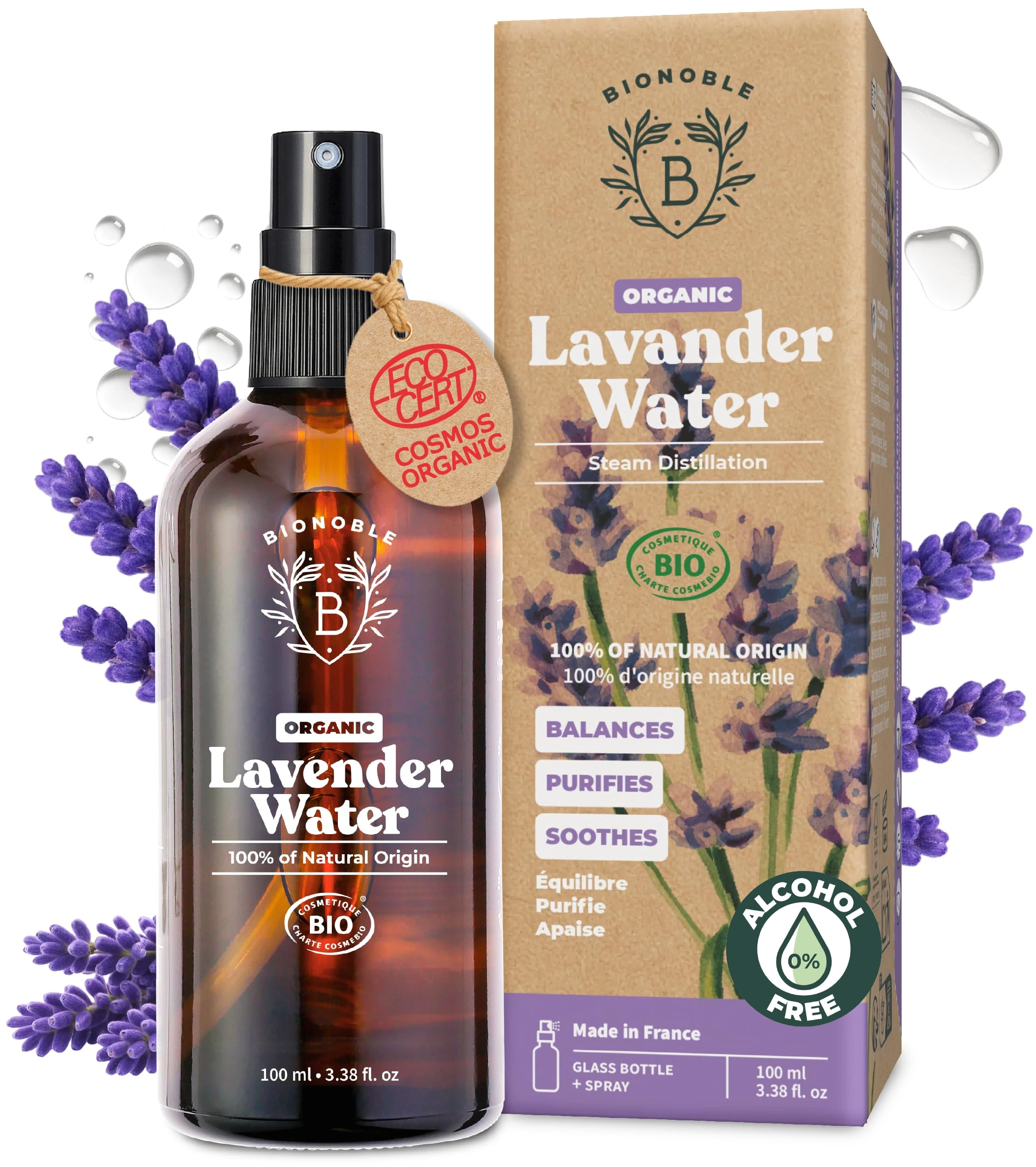 BIONOBLE Organic Lavender Water for Skin - Soothes, Purifies & Balances - 100% of Natural Origin and Vegan Lavender Hydrosol for Acne-Prone Skin, Body & Hair - Glass Bottle with Spray - 100ml