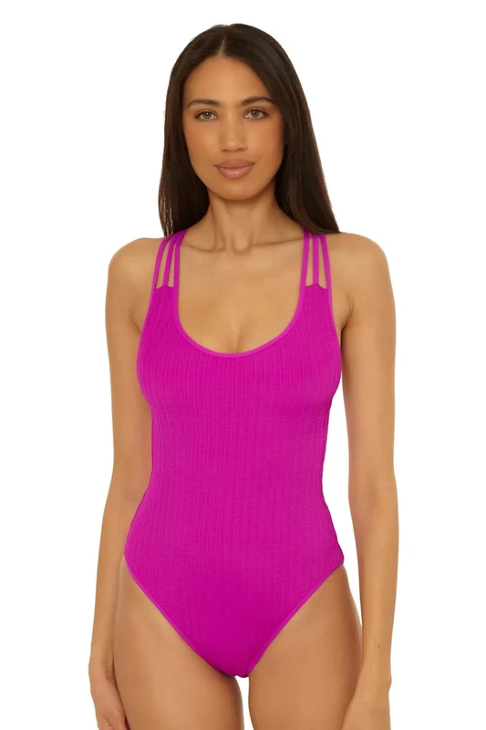 Becca Women's Crinkle Crush One Piece Swimsuit, Scoop Neck, Adjustable, Bathing Suits, Hibiscus, Medium