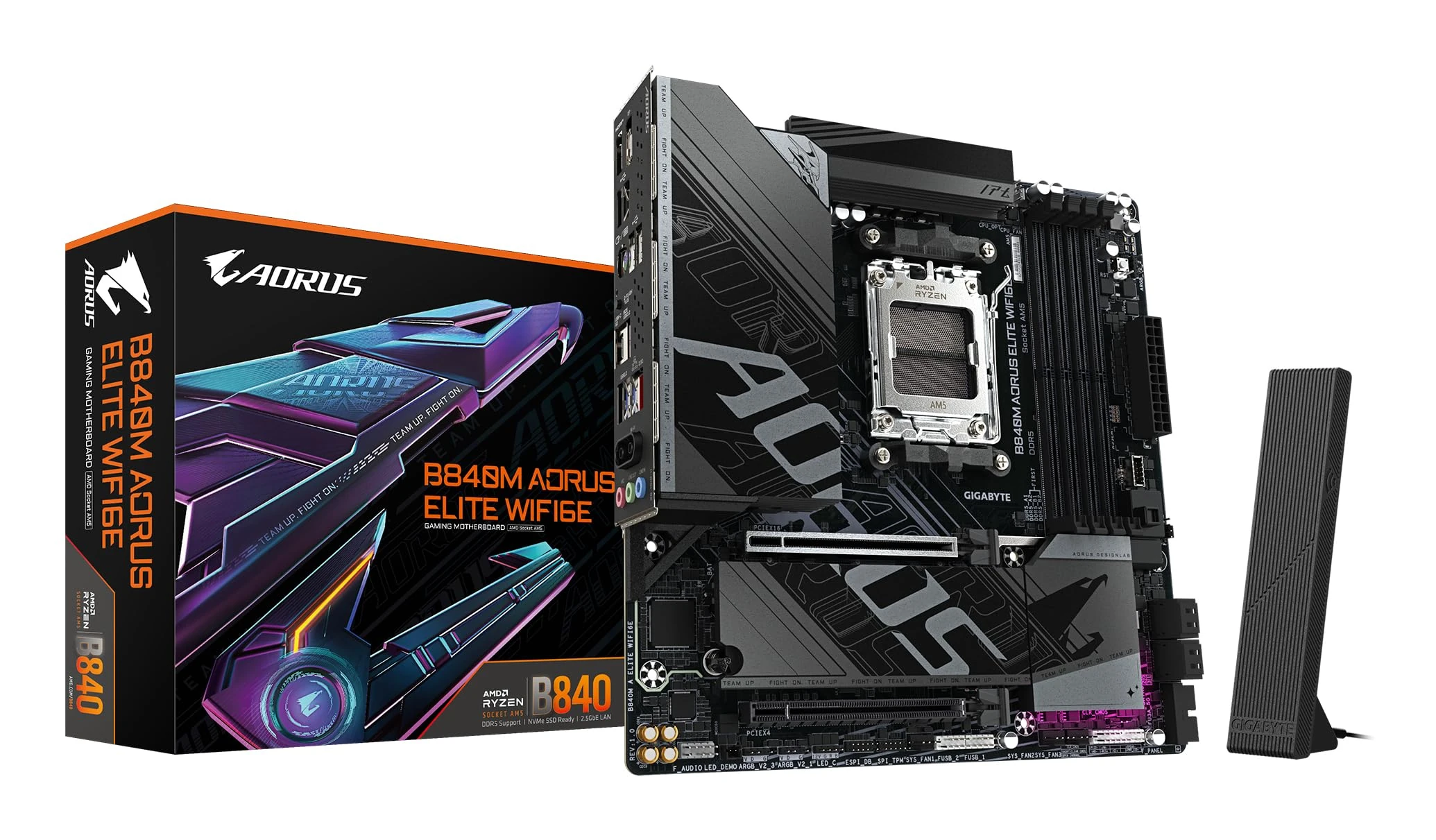 GIGABYTE B840M AORUS ELITE WIFI6E Motherboard - AMD Ryzen 9000 CPUs, 10+2+2 Phases VRM, up to 8200MHz DDR5(O.C), 2xPCIe 4.0 M.2, Wi-Fi 6E, 2.5GbE LAN, USB 3.2 Gen 2