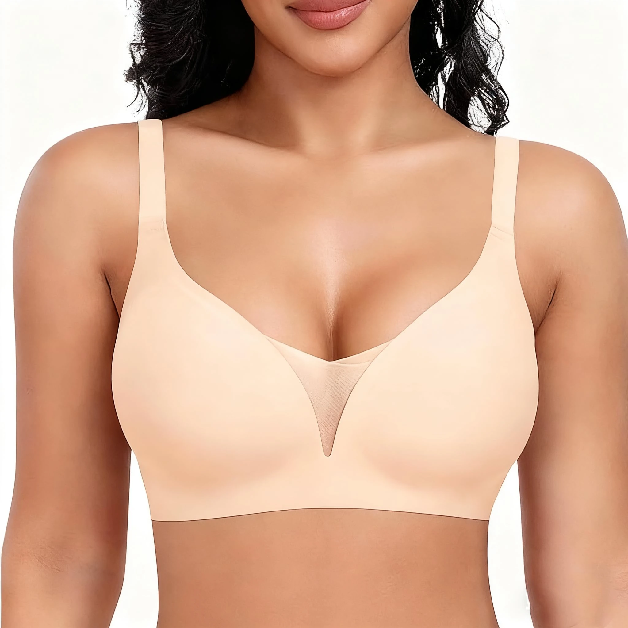 Women's Seamless Comfort V-Neck Sports Bra - Smooth Soft Supportive Everyday Activewear with Lightweight Hold, Light Beige, Large