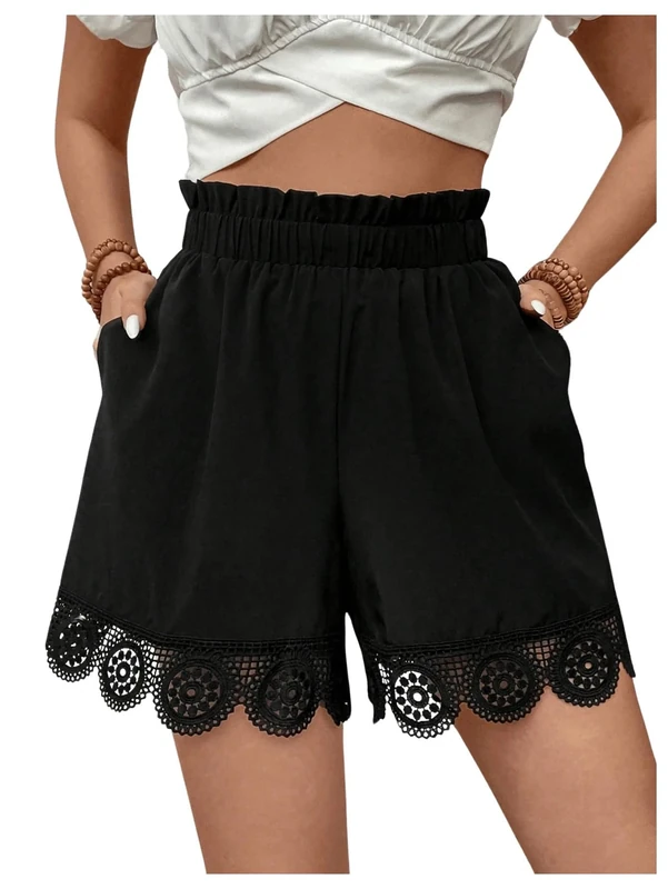 GORGLITTER Women's High Elastic Waist Straight Leg Mini Shorts Lace Scalloped Hem Comfy Beach Shorts Black Medium