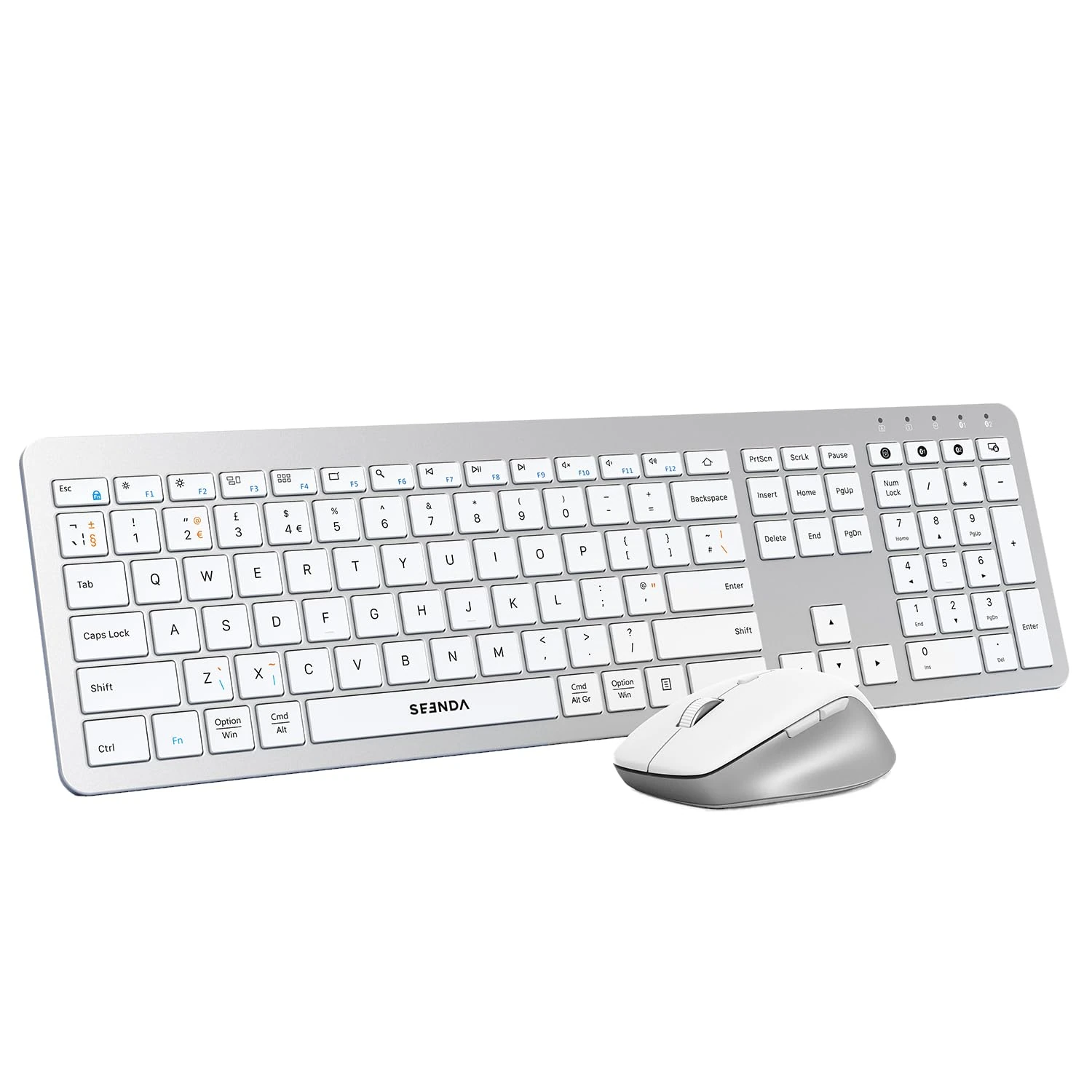 seenda Wireless Bluetooth Keyboard and Mouse, Dual Bluetooth+2.4G USB, COE300 Multi-Device Ultra Slim Quiet Keyboard and Mouse Set Full Size for Windows, Mac OS, Laptop, PC, iPad, Tablet, White&Silver