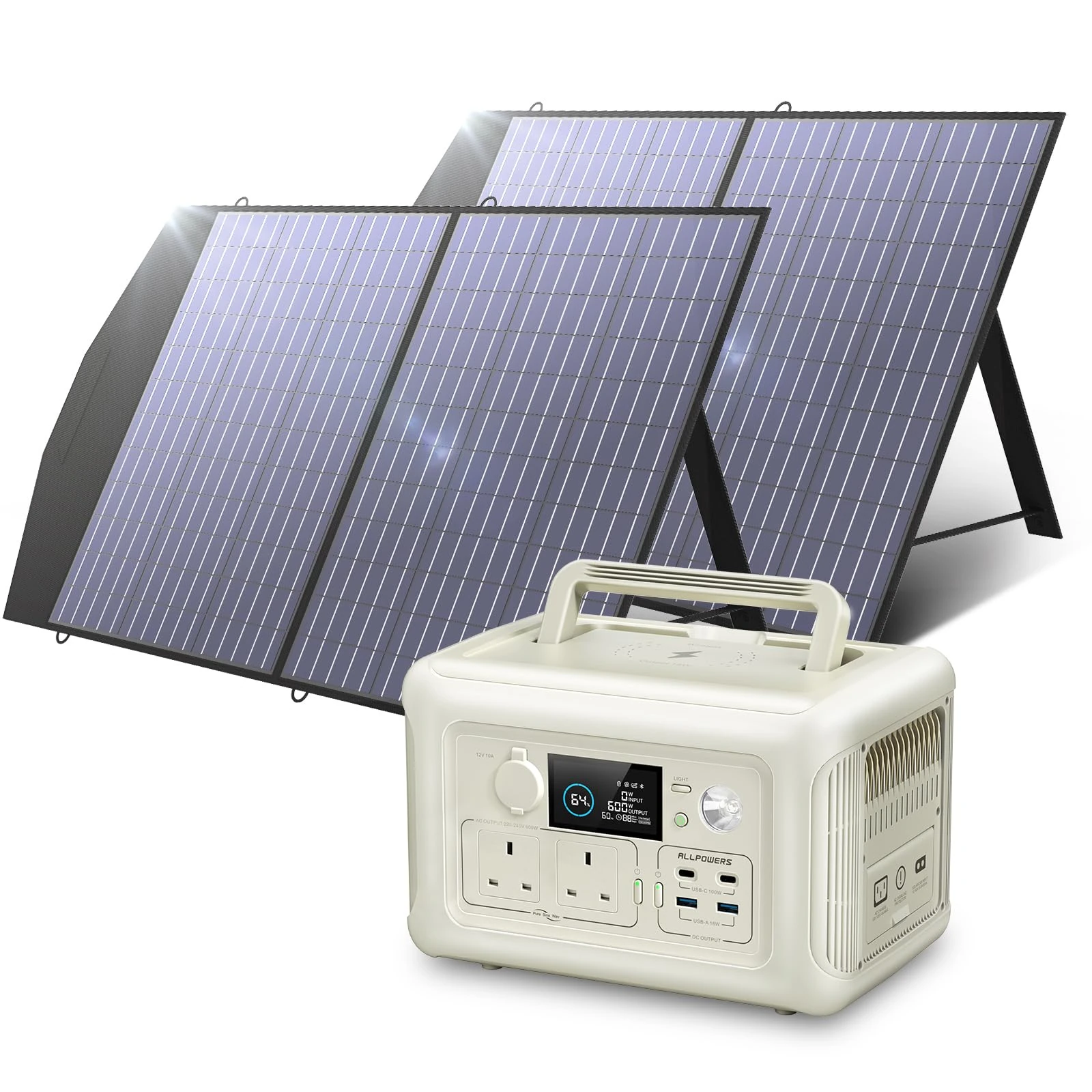 ALLPOWERS R600 Portable Power Station with 2x 100W Solar Panels, 299Wh LiFePO4 Solar Generator with 2x SP027 Panels, 600W Portable Generator with UPS Function, Fast Charging for Outdoor RV