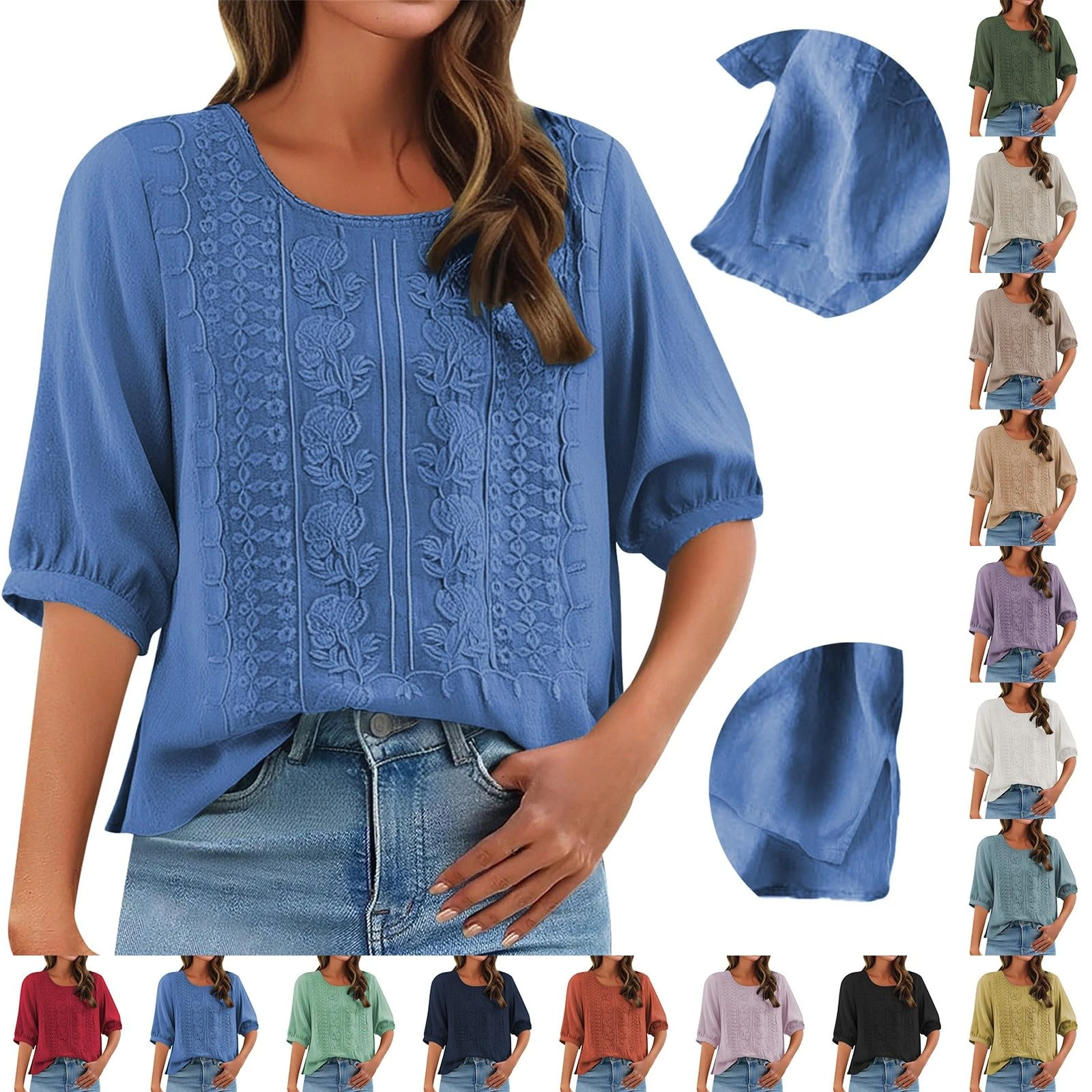 Angxiwan Linen Shirt Boho Blouse Linen Shirts for Women UK Casual Loose Fit Short Sleeve Tunic Tops Retro Floral Embroidery Jacquard Blouse Solid Color Warehouse Deals Clearance