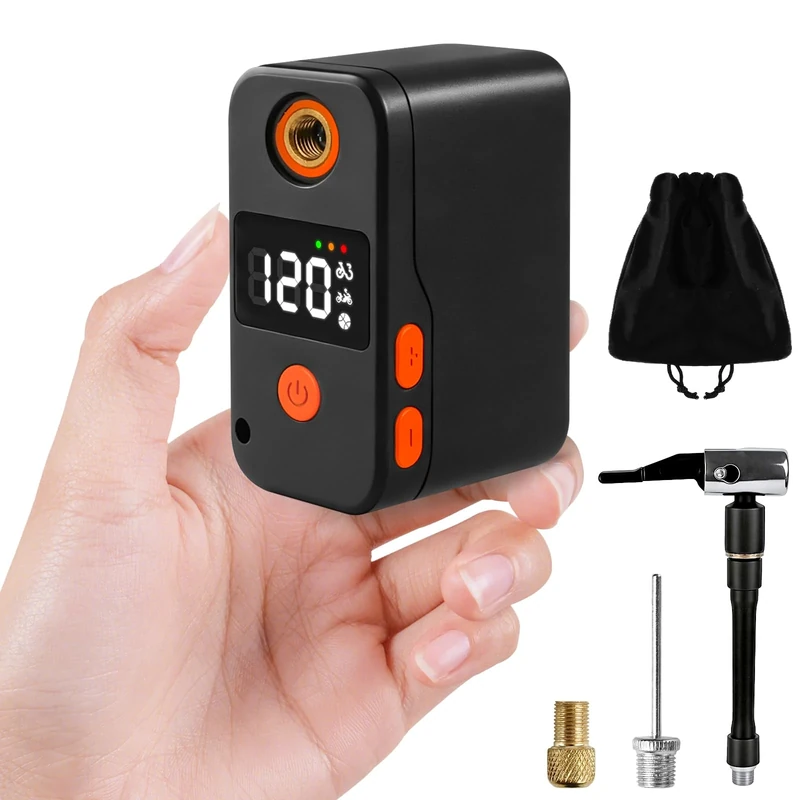MOXYOY Mini Bike Pump with Gauge, Max 120 PSI Portable Electric Bicycle Air Pump, 1600 mAh Battery Bicycle Pump with Presta and Schrader Valve for Mountain Bike Basketball