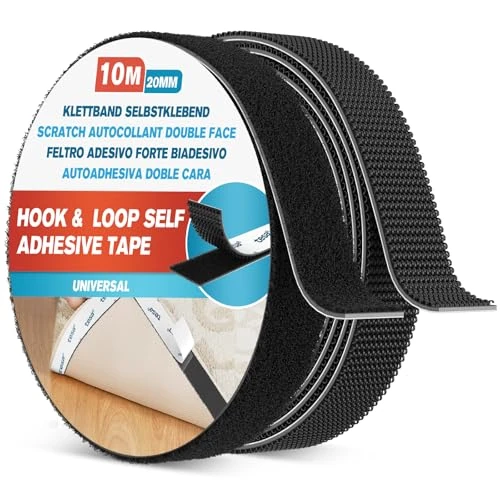Emitever Hook and Loop Tape Heavy Duty, Multipurpose Strong Self Adhesive Double Sided Strip Sticky Back Mounting Tape, Black (20mm x 10m)