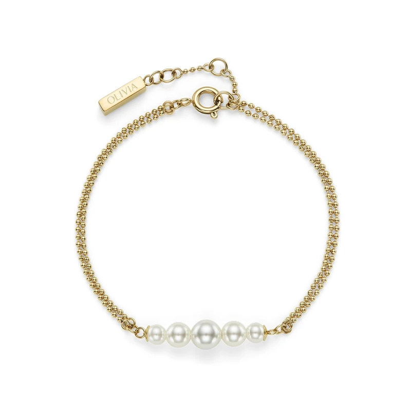 Olivia Burton Women's PEARLS & BEADS Collection Doble Chain Bracelet in Yellow Gold with Graduated String of Faux Pearls - 24100323