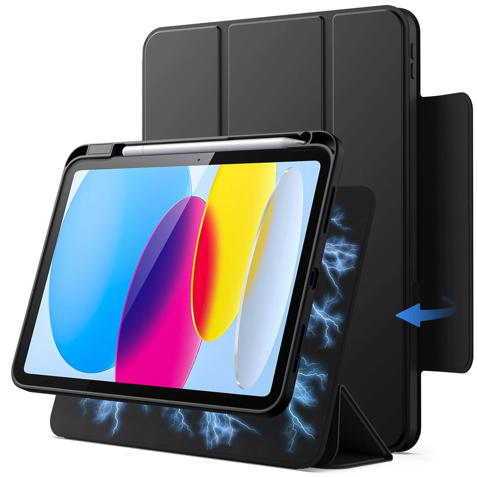 JETech Magnetic Detachable Case for iPad (A16) 11th/10th Generation (2025/2022) with Pencil Holder, Removable Rotating Clear Cover, Portrait/Landscape Stand with Raised Screen View (Black)