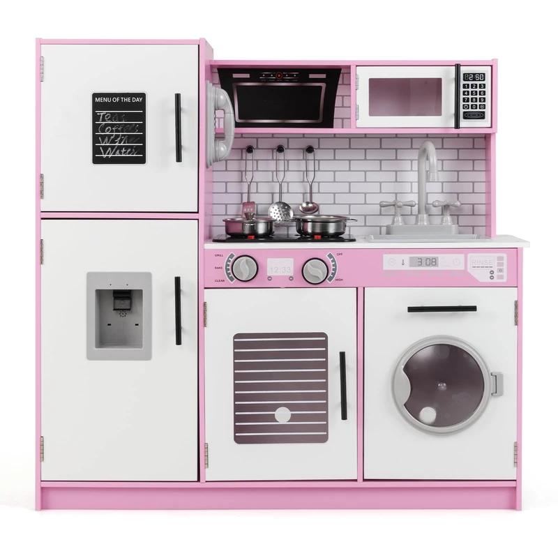 GYMAX Kids Play Kitchen, Wooden Toy Kitchen with Microwave, Water Dispenser, Washing Machine, Oven, Stove, Sounds, Lights, Telephone&Accessories, Children Cooking Role Playset for 3+ Years Old (Pink)