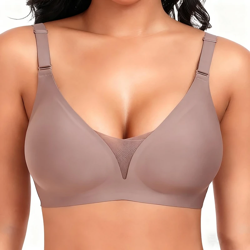 Women's Lace Mesh Wireless Push Up V-Neck Bras Full Coverage Seamless Bra No Underwire Supportive Everyday Comfortable Bra, Grey, Large