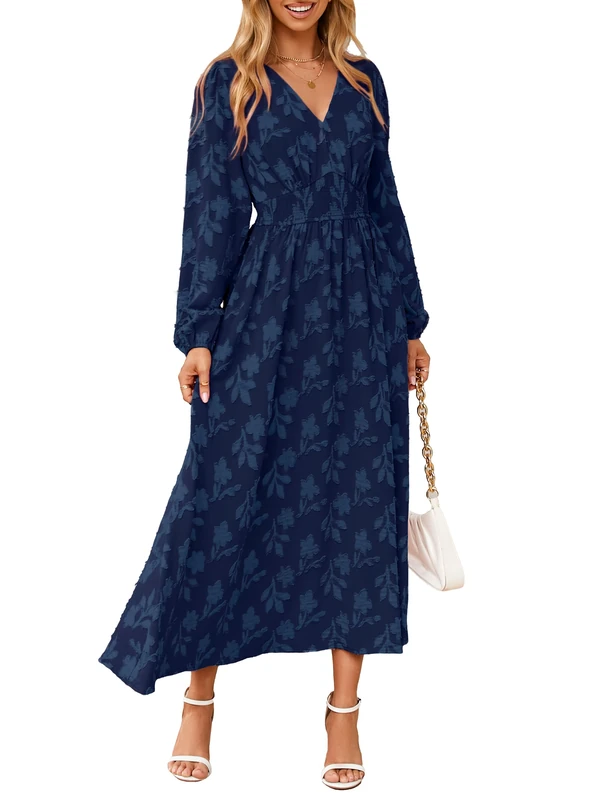 Simplee Womens Boho Floral Long Sleeve Maxi Dress V Neck Empire Waist Fall Wedding Guest Dresses with Pockets, Navy Blue, S
