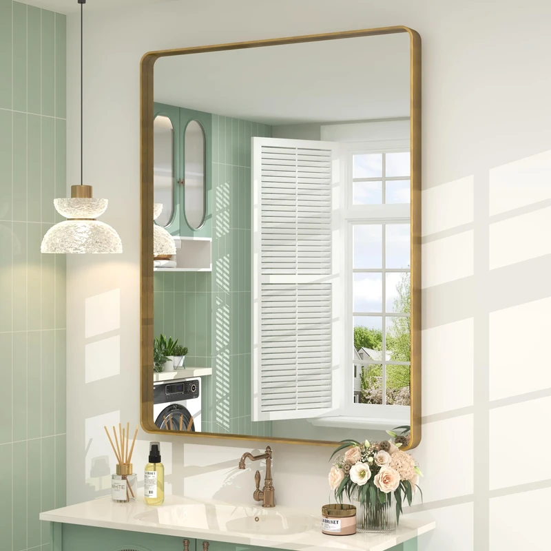 CHARMOR 26x36 Gold Framed Mirror for Bathroom, Brushed Gold Mirror with Metal Frame, Modern Rectangle Brass Vanity Mirror for Wall, Shatterproof, Anti-Rust (Horizontal/Vertical)