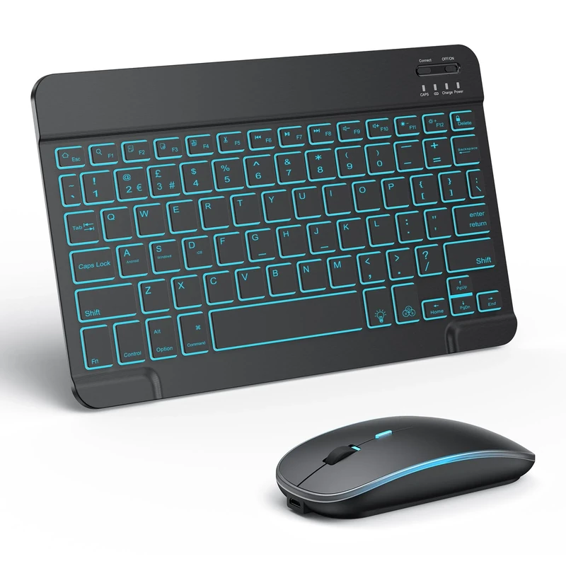 TECURS Bluetooth Keyboard and Mouse Set for iPad, Rechargeable, QWERTY UK Layout, 7-Color Backlit Wireless Keyboard Mouse for Mac/IOS/Windows/Android, Black