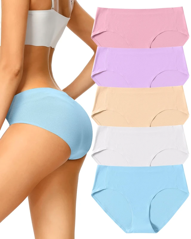 VOENXE Seamless Knickers for Women,No Vpl Ladies Underwear Hipster,Breathable Womens Briefs Multipack,No Show Pants Microfibre,Comfortable Bikini Panties,Invisible Undies Stretch Underpants 5 Pack