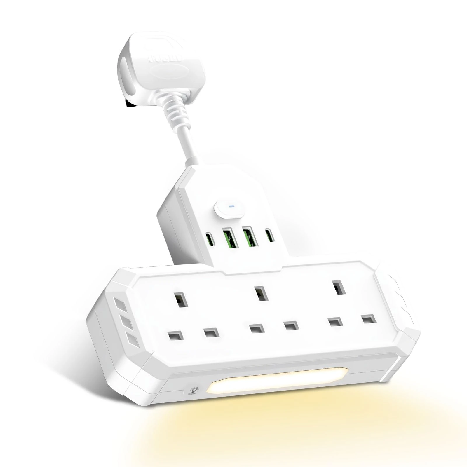Multi Plug Extension Socket with USB C, 3 Way Plug Adaptor With Nightlight, Short Cord Power Strip with 2USB & 2USB-C Ports, Plug Adapter UK Multi Plug Adaptor with Flexible Plug For Home Office White