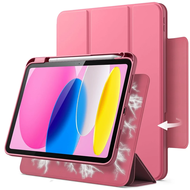 JETech Magnetic Detachable Case for iPad (A16) 11th/10th Generation (2025/2022) with Pencil Holder, Removable Rotating Clear Cover, Portrait/Landscape Stand with Raised Screen View (Pink)