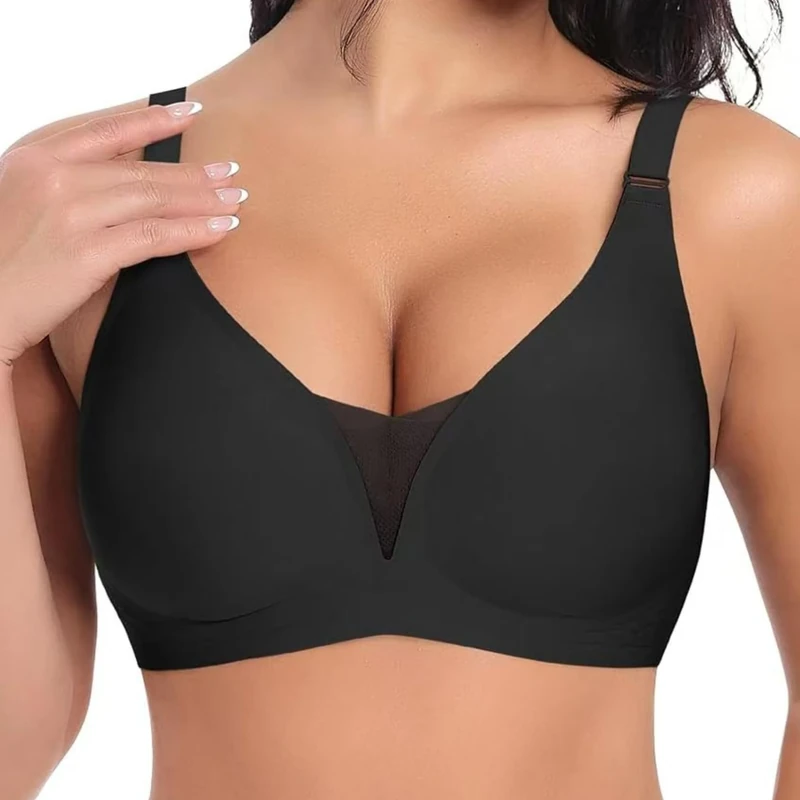 Women's Lace Mesh Wireless Push Up V-Neck Bras Full Coverage Seamless Bra No Underwire Supportive Everyday Comfortable Bra, Black, Large