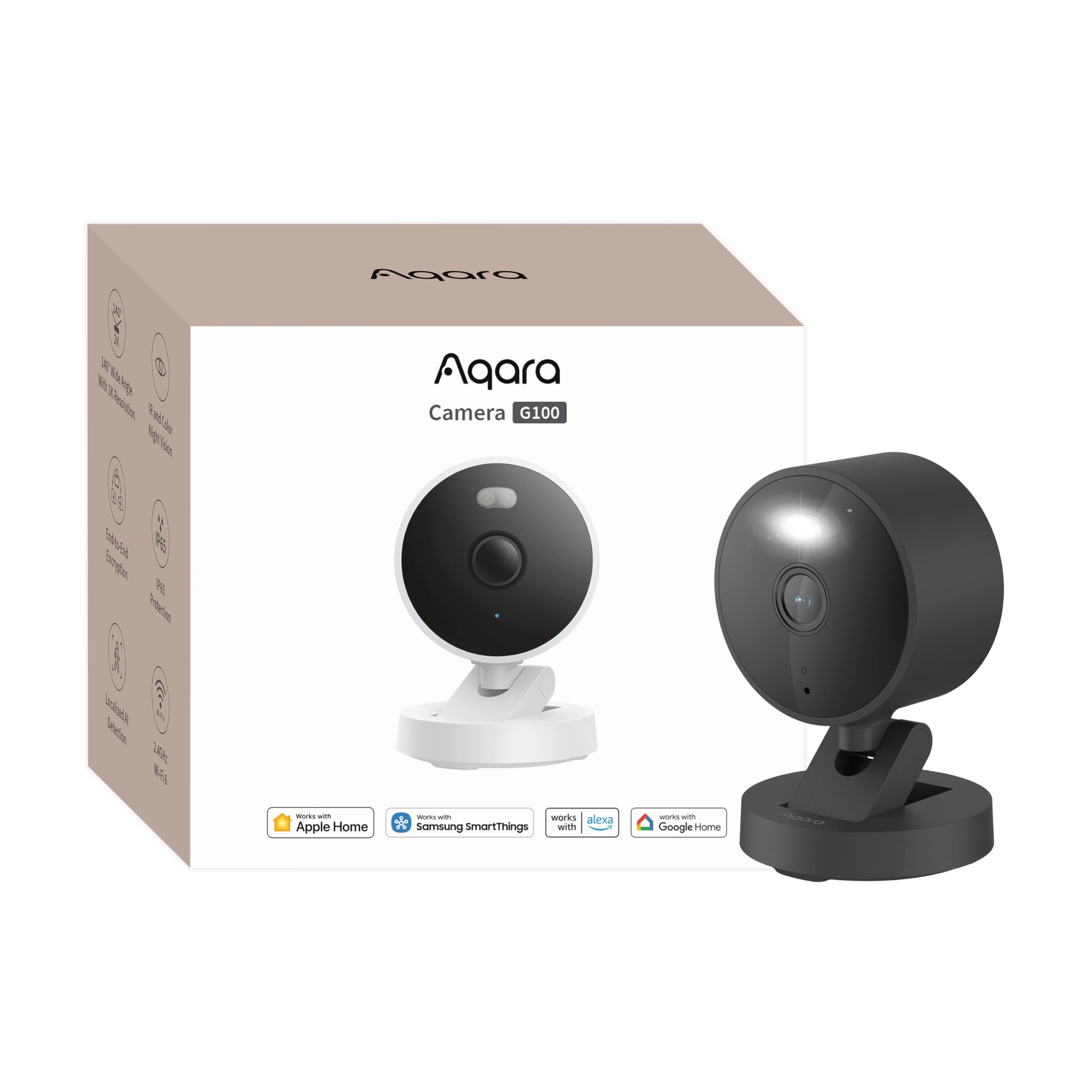 Aqara G100, 2K Indoor/Outdoor Security Camera, HomeKit Secure Video, 2-Way Audio, Spotlight Color/IR Night Vision, AI Detection, 140° FOV, Wi-Fi 6, Supports HomeKit, Alexa, Google and IFTTT, Black