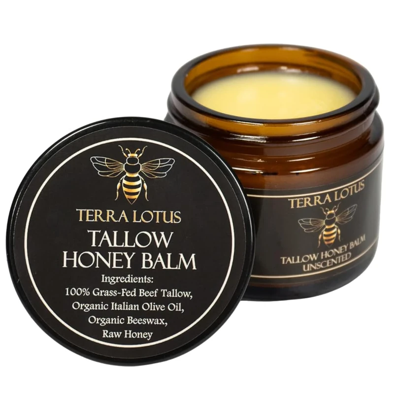 Organic Grass-Fed Beef Tallow Balm with Raw Honey - Moisturizing Cream for Soft, Smooth Skin - Handmade All-Natural Moisturizer (57g, Unscented)