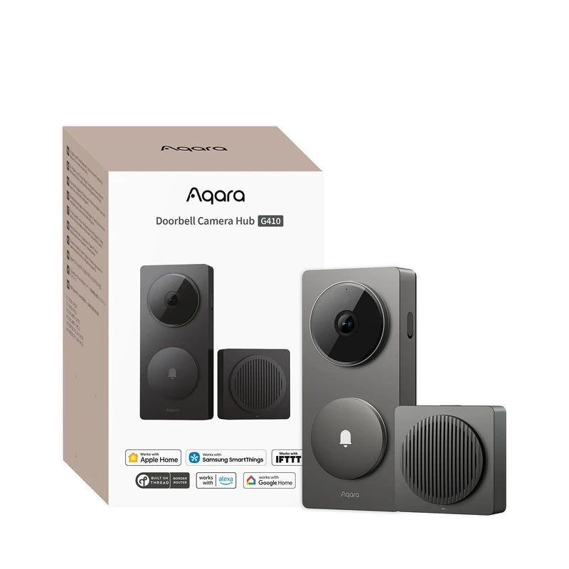 Aqara Smart Doorbell Camera G410 with Chime, 2K, HomeKit Secure Video, 2-Way Audio, Built-in Matter Hub, Wireless/Wired, Supports Apple Home, Alexa, Google, Home Assistant, 2.4G/5GHz Wi-Fi, Grey