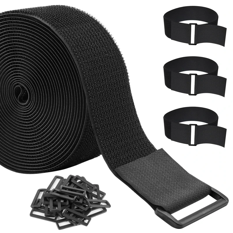 ZSURLUX 3.8cm x 5m Heavy Duty Cinch Straps with 20 Buckles, Cut-to-Length Hook and Loop Strips, Adjustable Long Cable Ties for Home and Office Storage, Black