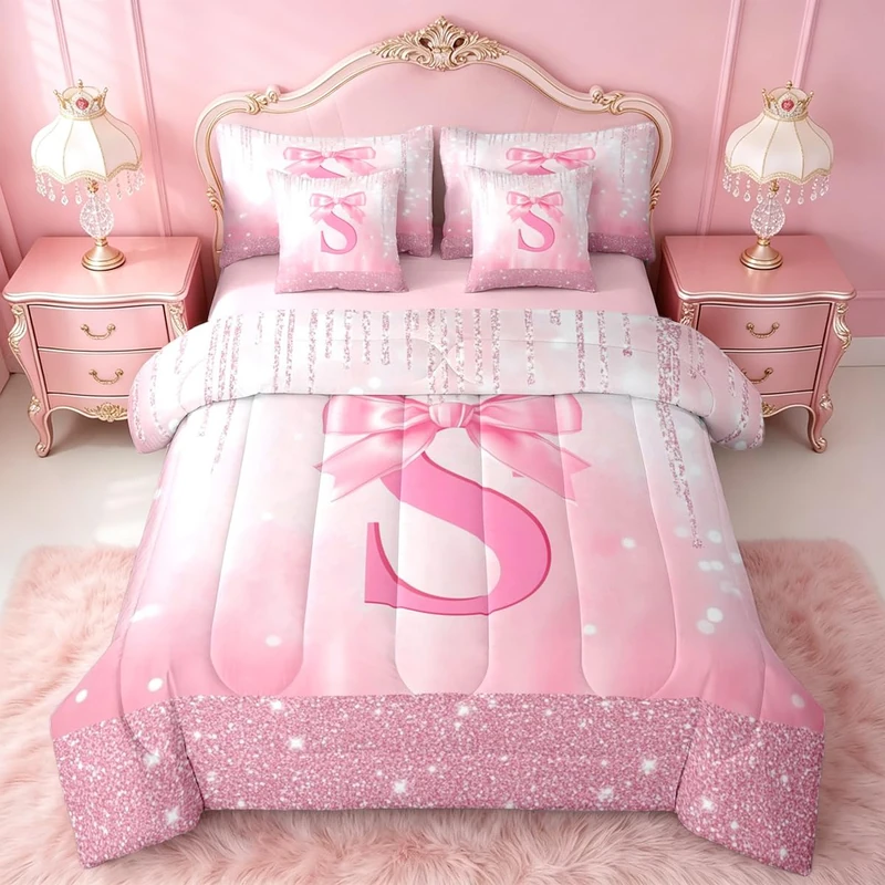 Feelyou Boys Girls Pink Bowknot 7 Pieces Bedding Set Twin Size, Personalized Initial S Bed in A Bag Kids Princess Glitter Comforter Set with Sheets Bow Monogrammed Teens Bed Set Bedroom Decor 7Pcs
