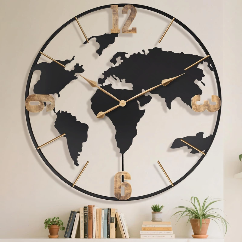Pytha Sight 36 Inch Oversized Giant Extra Large Modern Decorative Metal World Map Wall Clock,Big Vintage Gold Arabic Numeral Wall Clocks for Living Room,Entryway,Office,Fireplace,Dining Room