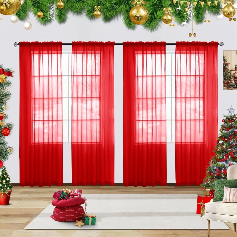 youleyar Solid Sheer Rod Pocket Curtain Voile Draperies 4 Panels White Beige Black Grey Ivory 52 Inch Width 96 Inch Long 1 Pair for Kitchen Bedroom Children Living Room Yard(Red,52 Wｘ96 L)