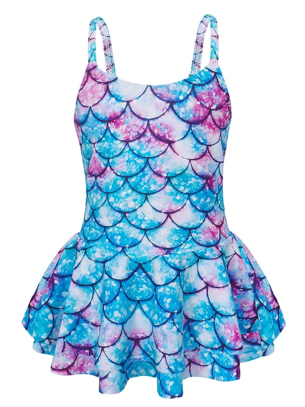 AmzBarley Mermaid Swimming Costume Girls One Piece Swimsuit Little Kids Fish Scale Swimwear Skirt Children Swim Wear Bathing Suit Beachwear Blue Age 7-8 Years 130