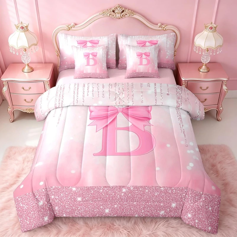 Feelyou Kids Pink Bowknot 7 Pieces Bedding Set Twin Size, Personalized Initial B Comforter Set with Sheets Princess Glitter Bed in A Bag Boys Girls Bow Alphabet Teens Bed Set Bedroom Decor 7Pcs