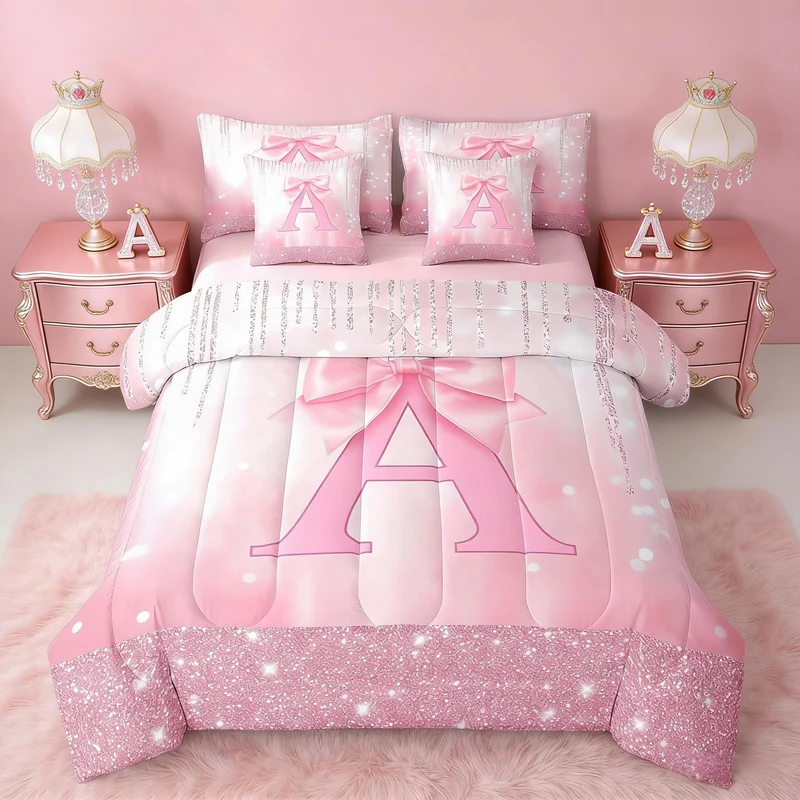 Feelyou Kids Pink Bowknot Bed in A Bag Twin Size, Personalized Initial A Comforter Set with Sheets Princess Glitter 7 Pieces Bedding Set Boys Girls Bow Alphabet Teens Bed Set Bedroom Decor 7Pcs