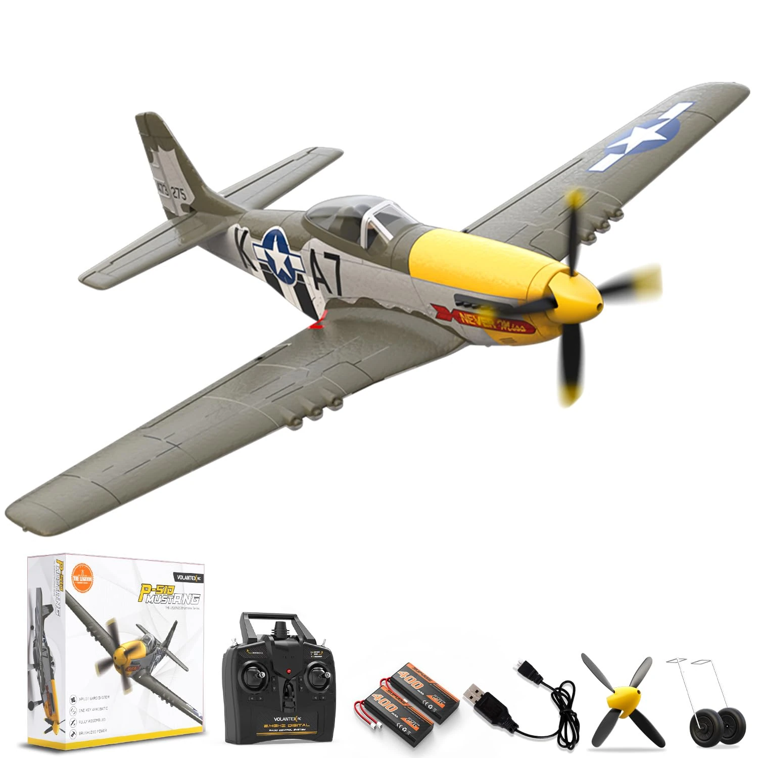 VOLANTEXRC Brushless 4CH RC Plane P51D Mustang 500mm Remote Control Airplane Fighter RTF with 6-Axis Gyro, 3 Modes & Aerobatics, 2.4GHz Radio Controlled Aircraft for Beginners & Adults