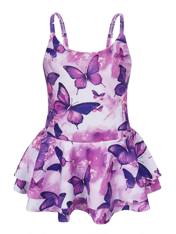 AmzBarley Girls Swimsuit - Butterfly Skirt Leotard, Age 3-4