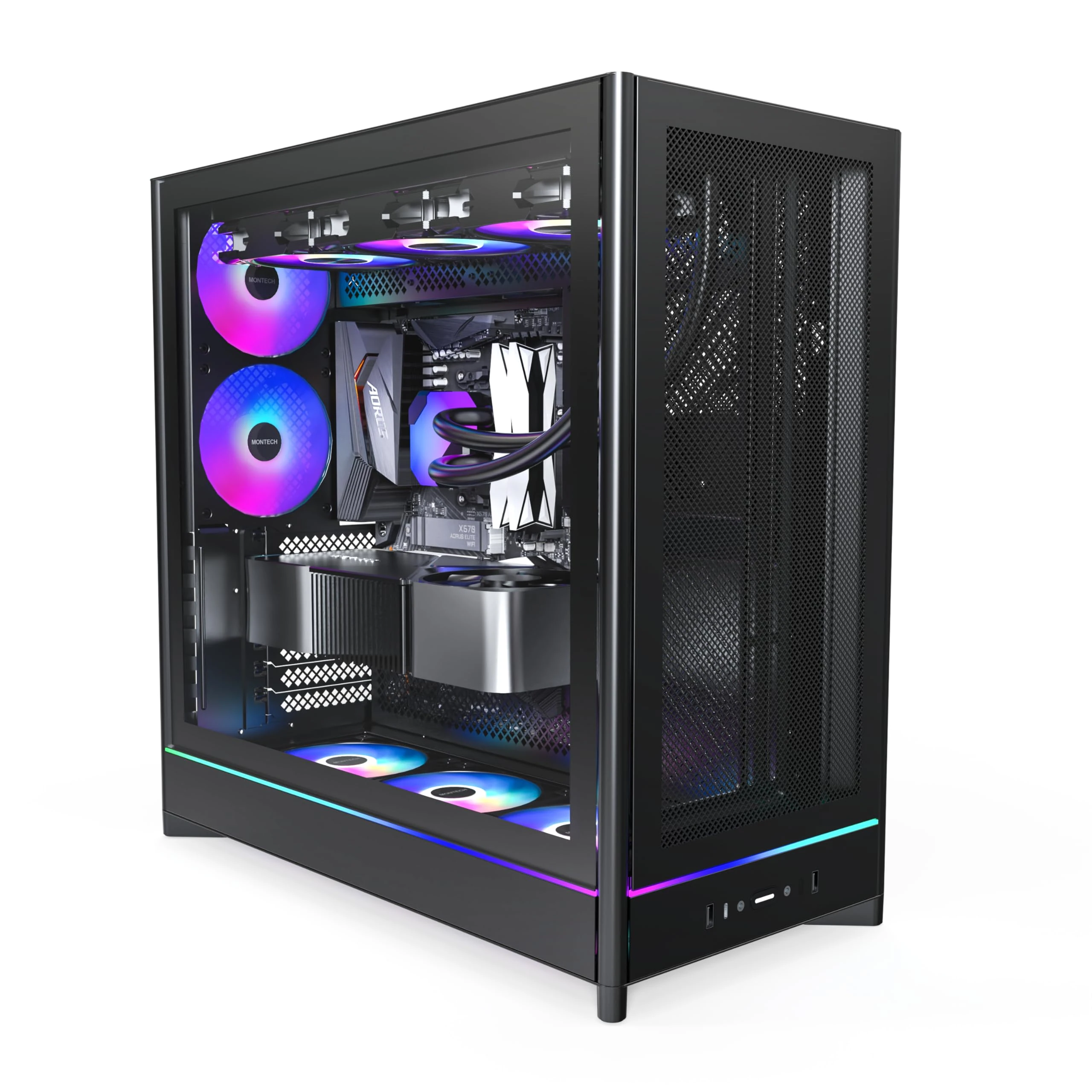 MONTECH HS01 PRO, ATX Mid-Tower PC Case, Gaming PC, High-Airflow, Reversible Layout, Mesh Front Panel, 5X ARGB PWM Fan Pre-Installed, Sink-in Design, Toolless Panels, Black