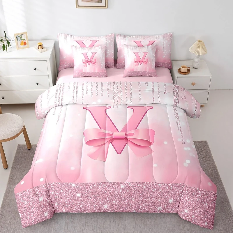 Feelyou Boys Girls Pink Bowknot 7 Pieces Bedding Set Queen Size, Personalized Initial V Bed in A Bag Kids Princess Glitter Comforter Set with Sheets Bow Monogrammed Teens Bed Set Bedroom Decor 7Pcs