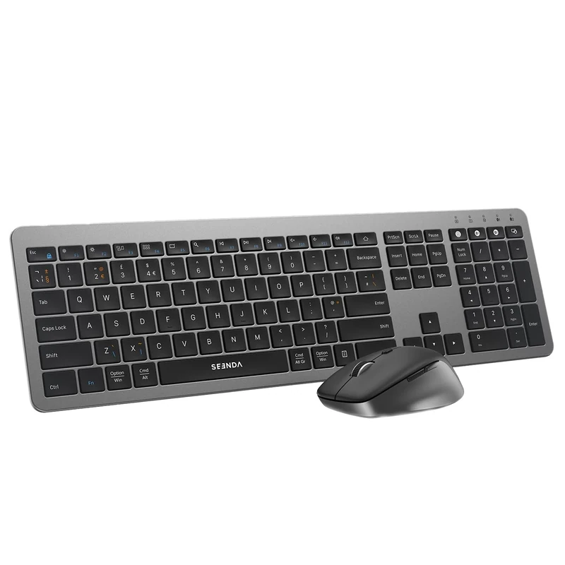 seenda Wireless Bluetooth Keyboard and Mouse, Dual Bluetooth+2.4G USB, COE300 Multi-Device Ultra Slim Quiet Keyboard and Mouse Set Full Size for Windows, Mac OS, Laptop, PC, iPad, Tablet, Black&Grey
