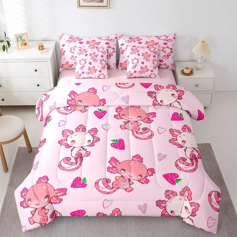 Feelyou Kids Cute Axolotl 7 Pieces Bedding Set Twin Size, Strawberry Comforter Set with Sheets Boys Girls Kawaii Ocean Sealife Bed in A Bag Cartoon Fruit Teens Bed Set Bedroom Decor 7Pcs