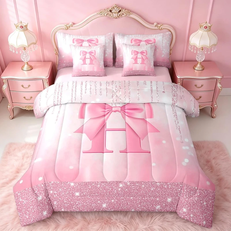 Feelyou Kids Pink Bowknot 7 Pieces Bedding Set Twin Size, Personalized Initial H Bed in A Bag Princess Glitter Comforter Set with Sheets Boys Girls Bow Alphabet Teens Bed Set Bedroom Decor 7Pcs