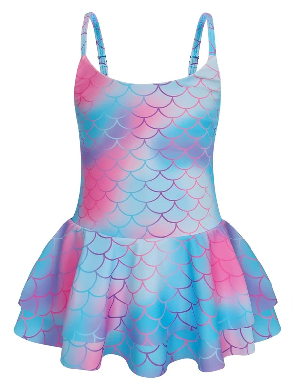 AmzBarley Mermaid Swimming Costume Girls One Piece Swimsuit Little Kids Fish Scale Swimwear Skirt Children Swim Wear Bathing Suit Beachwear Blue Pink Age 7-8 Years 130