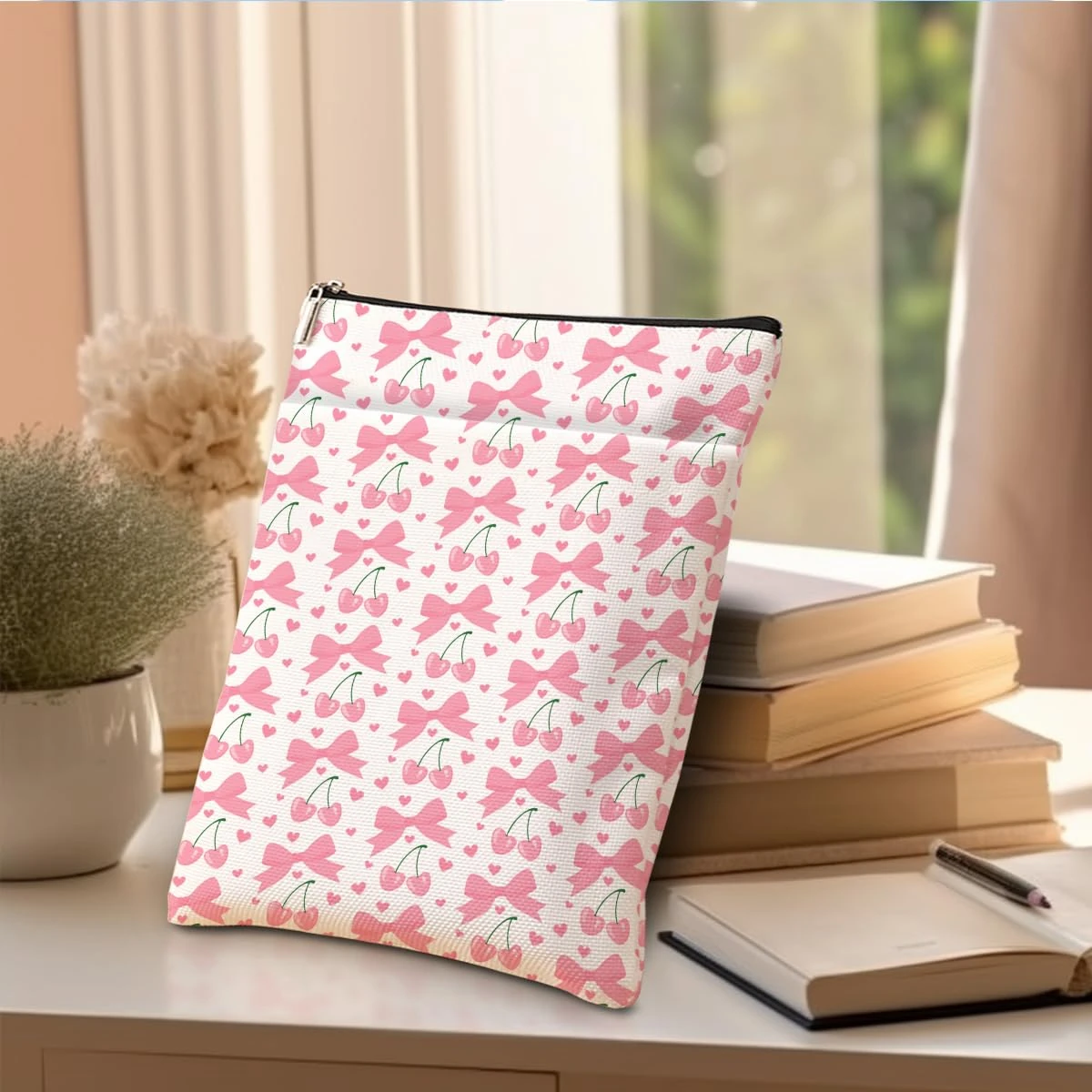 Pink Cherries Bows Book Lovers Gifts,Cheeries Book Sleeve, Books Covers for Paperbacks with Zipper Front Pocket Bookish Accessories Cherry Decor Gifts for Women Sister Birthdays Graduation